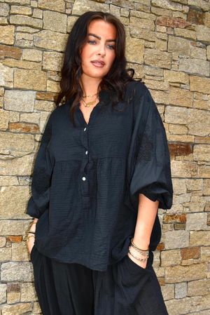 Mimi Pillow Cotton Batwing Blouse Black